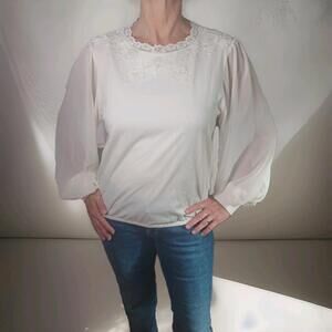 Anthropologie Tiny Cream Sheer Long Sleeve Top Lace Neckline Size Medium-NWT